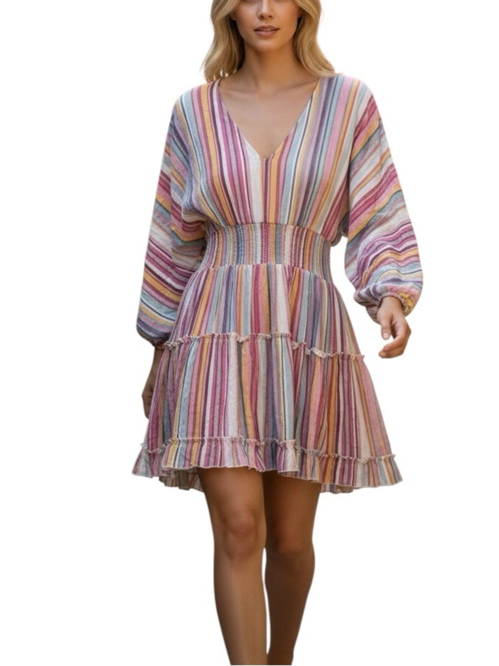 Hyped Unicorn La Miel Pink Striped Ruffle Tiered Dress W